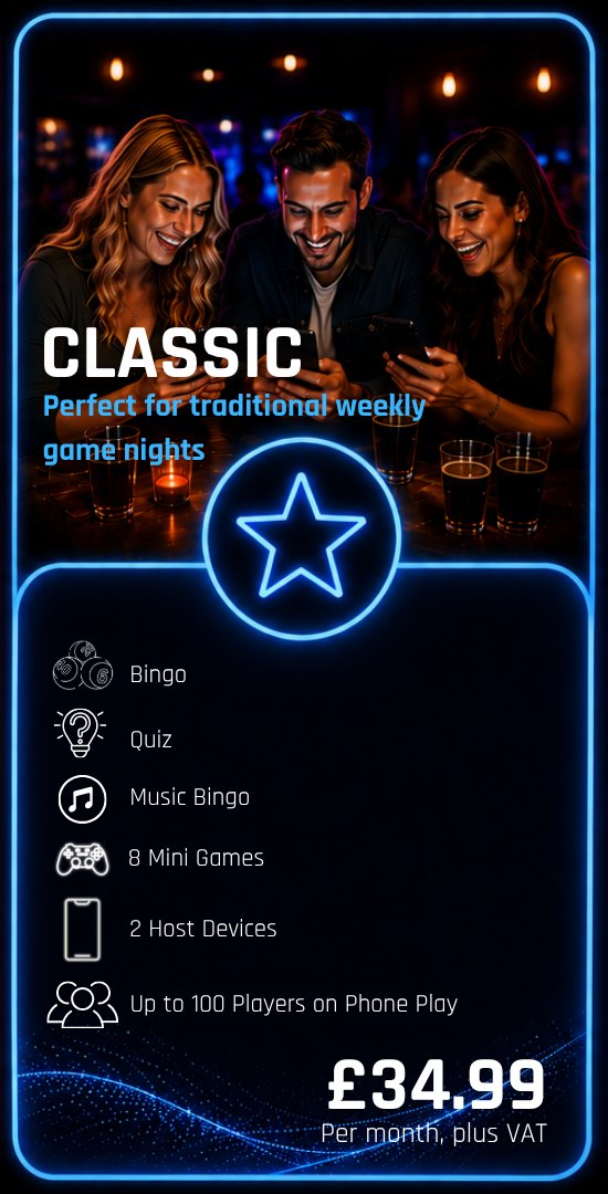 Classic, 34.99 pounds per month plus VAT. Perfect for traditional weekly game nights. Bingo, Quiz, Music Bingo and 8 mini games, with 2 host devices and up to 100 players on phone play.