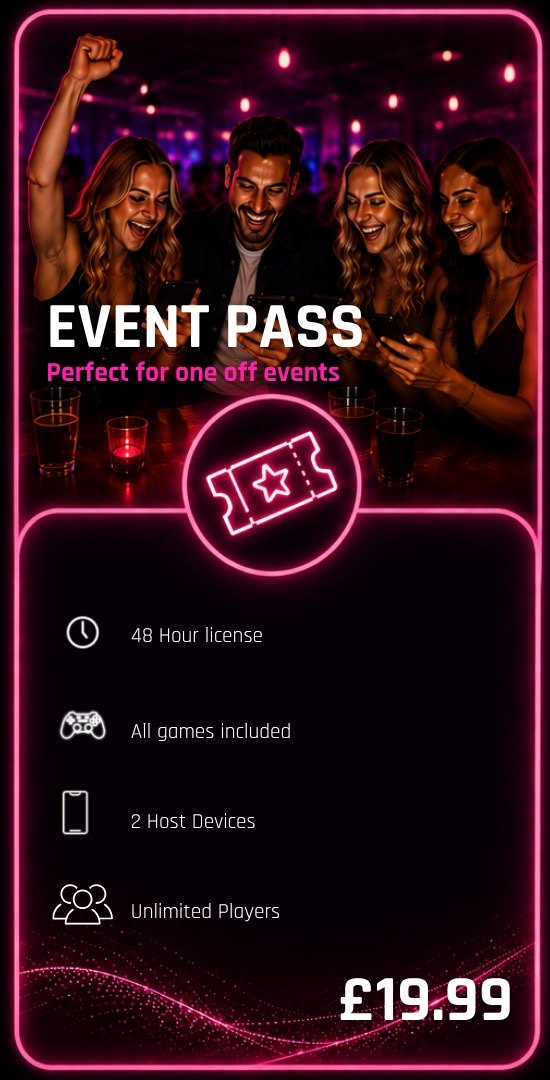 Event Pass, 19.99 pounds one off. A 48 hour licence with all 17 games, 2 host devices and unlimited players, for a venue or business event.