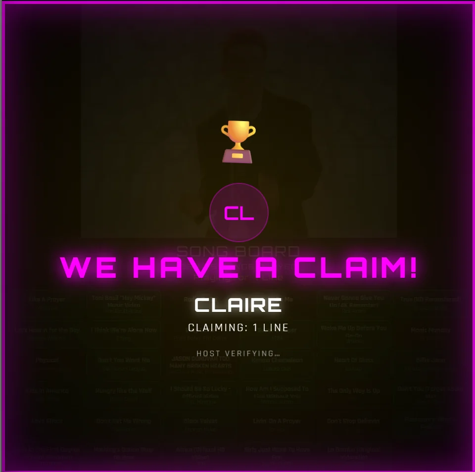 The Music Bingo big screen announcing a claim from a player called Claire for one line while the host verifies it