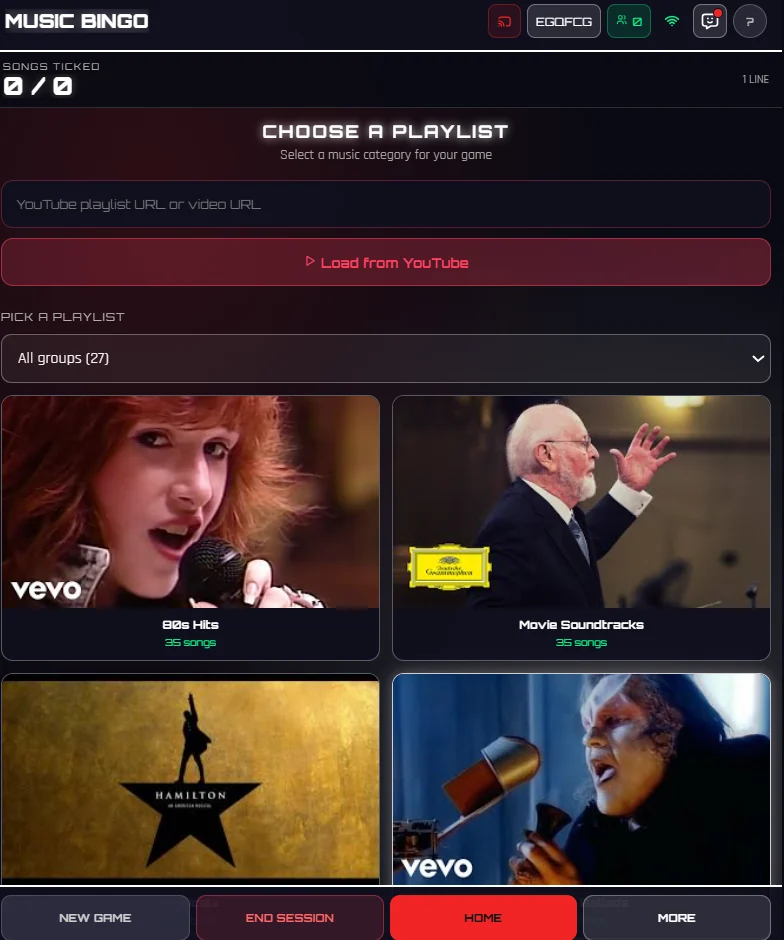 The Let's Go Games host app choosing a Music Bingo playlist from 36 curated options, or loading a YouTube playlist by URL