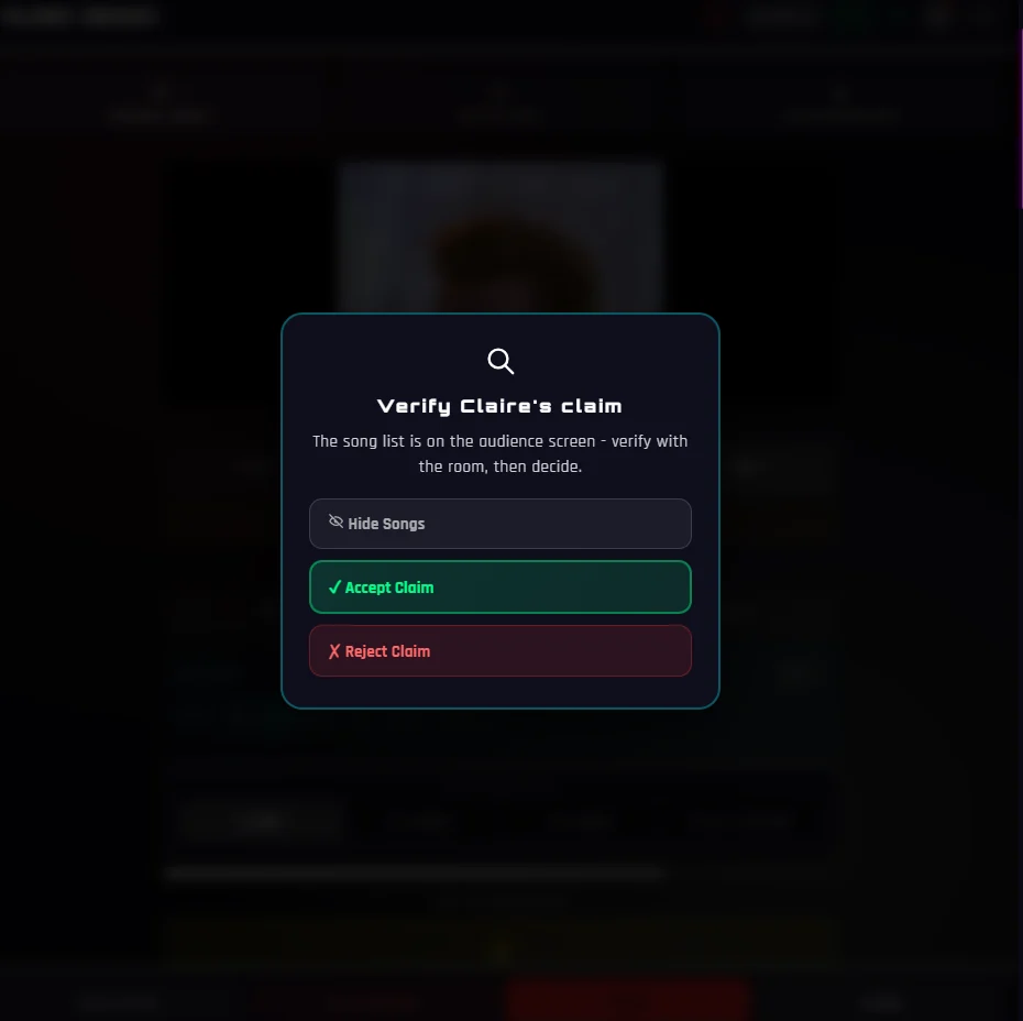 The Music Bingo host app verifying Claire's claim against the played songs, with accept and reject options